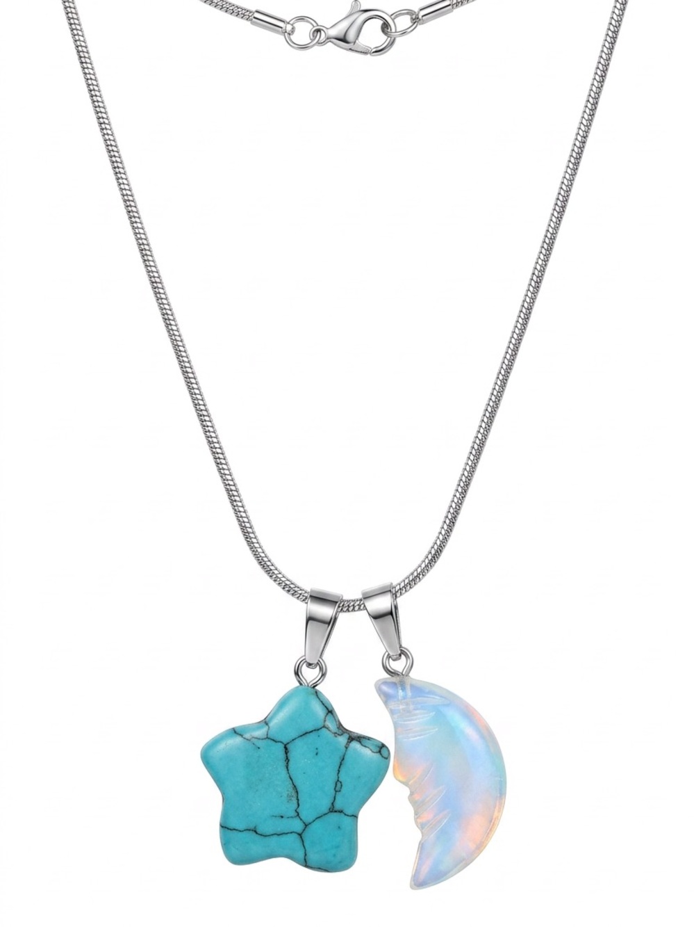 Turquoise Star & Opalite Moon Pendant Necklace - Women Jewelry